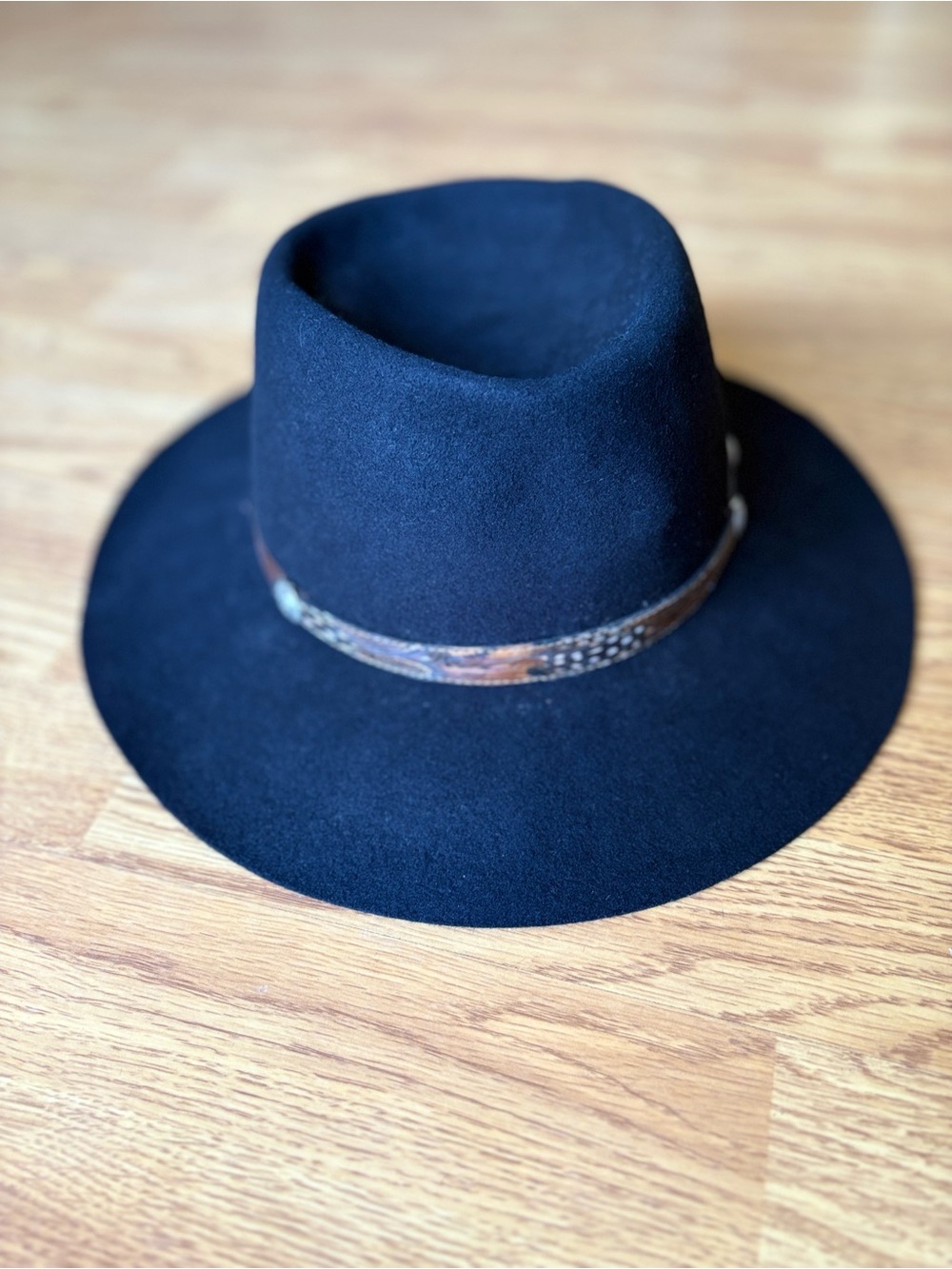 Broner made in USA wide flat brim black western 100% wool hat cowboy vtg sz L